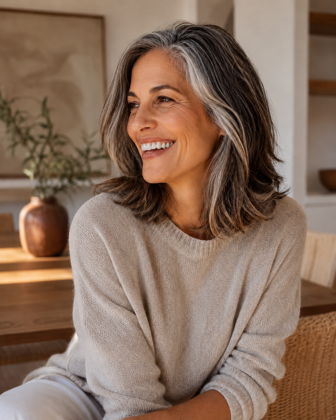 Smiling woman with graceful silver hair in a warm, sunlit room