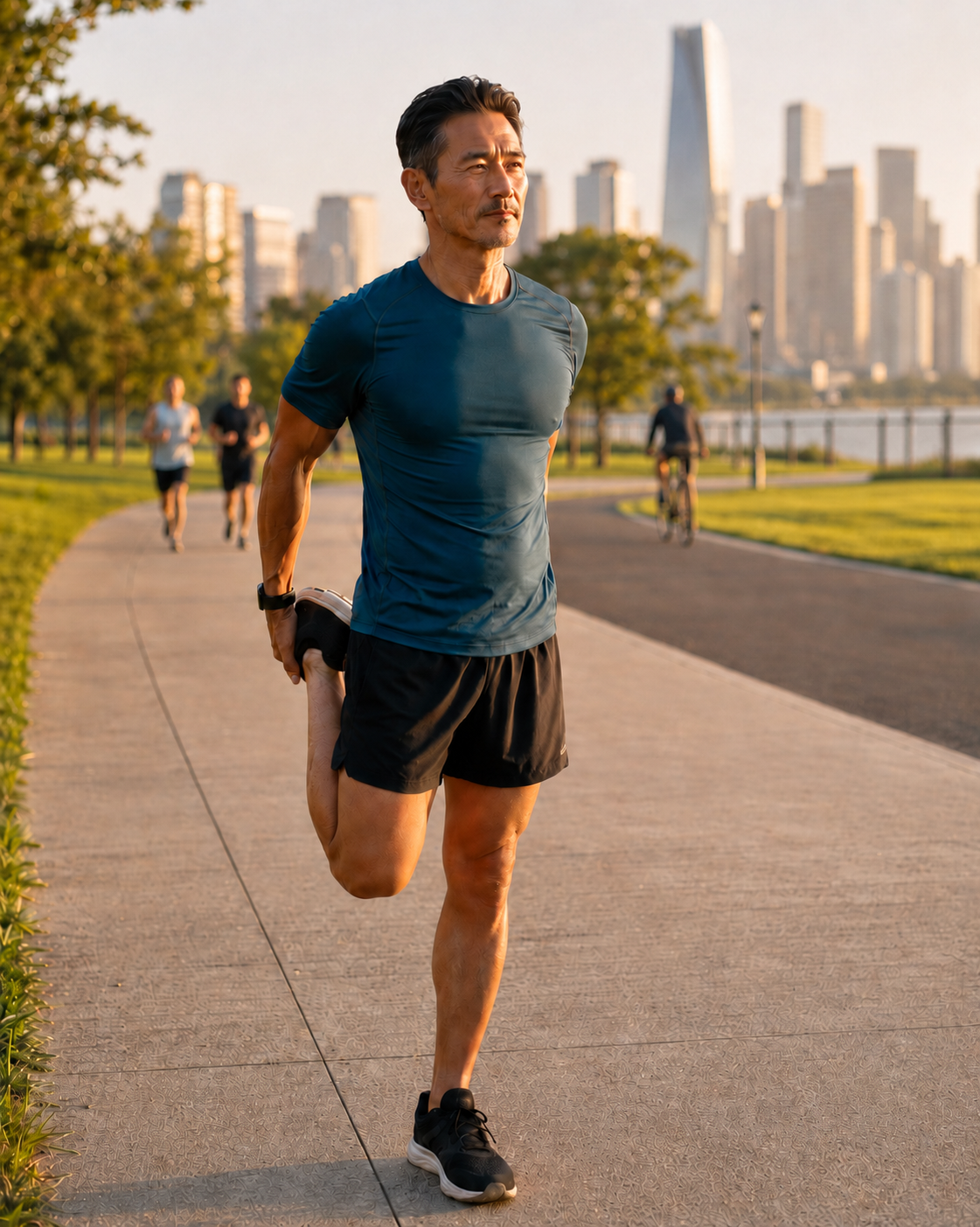 Athletic man stretching on a city park path at golden hour